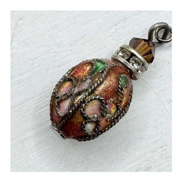 Vintage Cloisonne Dainty Drop Earrings Oval Bead Pink Red Sterling Silver - Picture 2 of 12